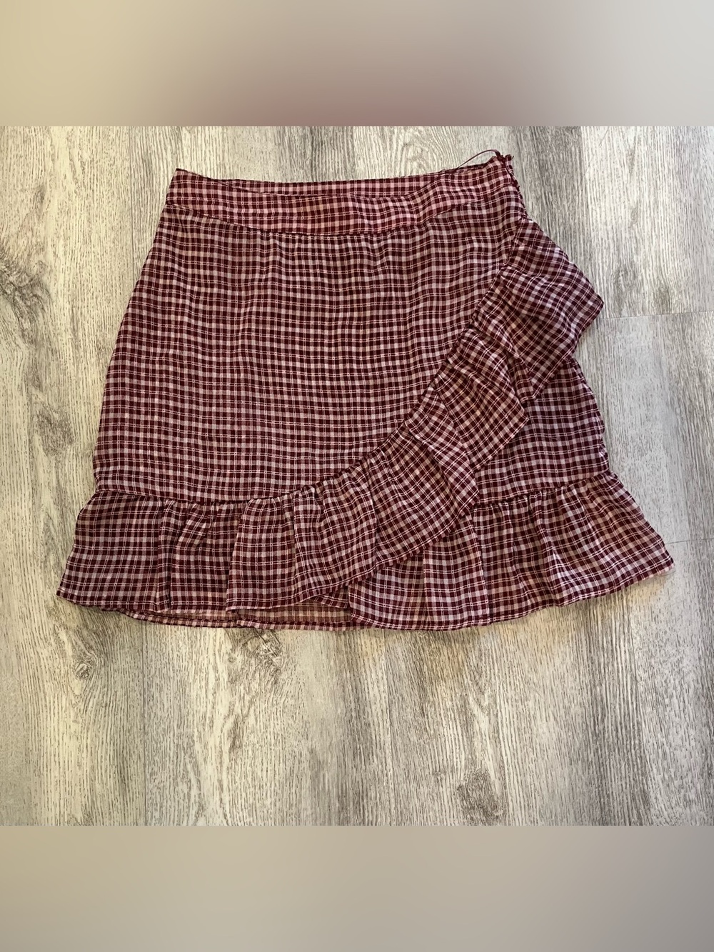 American Threads Burgundy and White Plaid Ruffle Mini Skirt